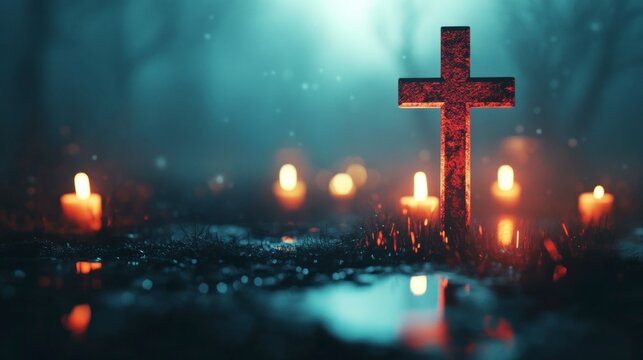 Christian Cross and Candlelight in Misty Forest Religious Remembrance Concept