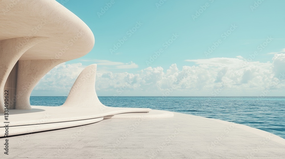 Poster the image is a 3d render of futuristic architecture with abstract wavy designs and a concrete floor