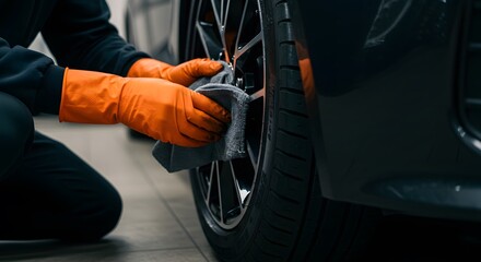 Car Wheel Detailing: A Close-Up of a Person Cleaning a Car Rim with Orange Gloves and a Grey Cloth