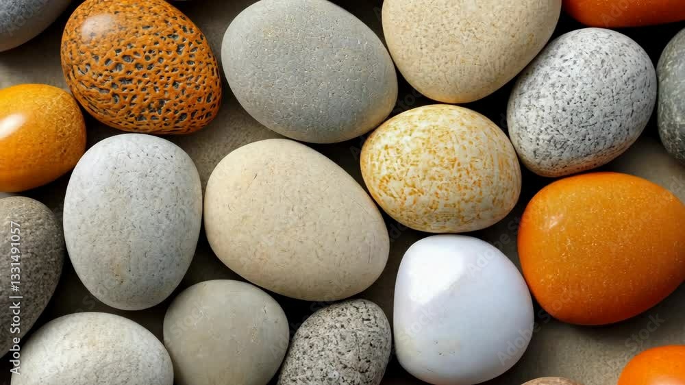 Poster collection of smooth pebbles displaying various colors and textures on a neutral background