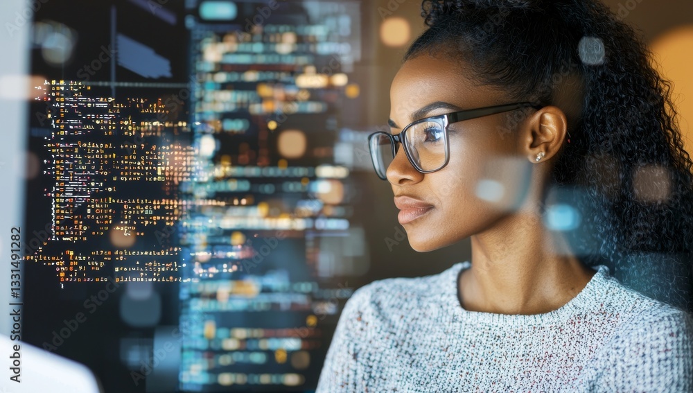 Poster in the futuristic world of website development, a woman with a strong focus on programming, ai code,