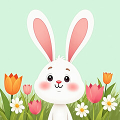 Obraz premium Cute smiling easter bunny among colorful spring flowers in soft sunlight