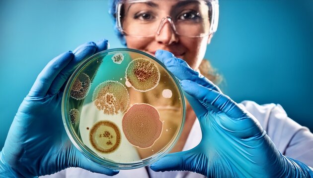 Scientist in protective gloves holding a Petri dish with bacterial colonies, representing microbiology research and scientific study.