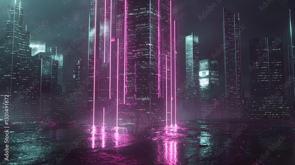 Poster the digital artwork showcases a resplendent, neon-lit corridor that extends into the distance, creat
