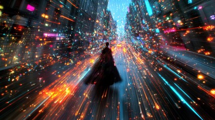 Fototapeta premium A solitary figure in a dark cloak walks down a city street at night, surrounded by vibrant streaks of light and colorful sparks. The scene is dynamic and surreal.