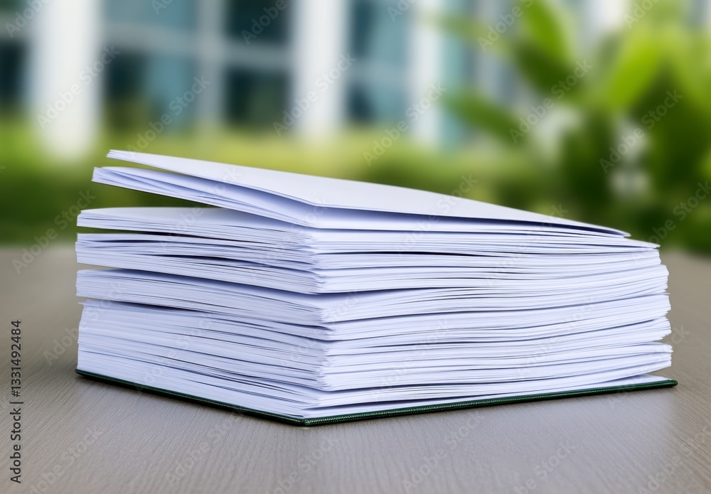 Poster stack of blank notebooks with slightly fanned pages rests on a table against a blurred background of