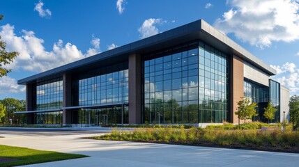 Obraz premium A large modern office building features a striking glass facade reflecting the sunlight. Lush greenery surrounds the structure, creating an inviting atmosphere for professionals