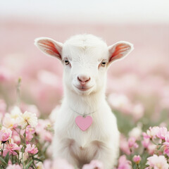 Obraz premium cute goat with heart shaped tag stands among pink flowers, radiating joy and charm
