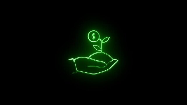 Green neon light on Dollar tree growing on hand icon outline animation in 4k stock video.