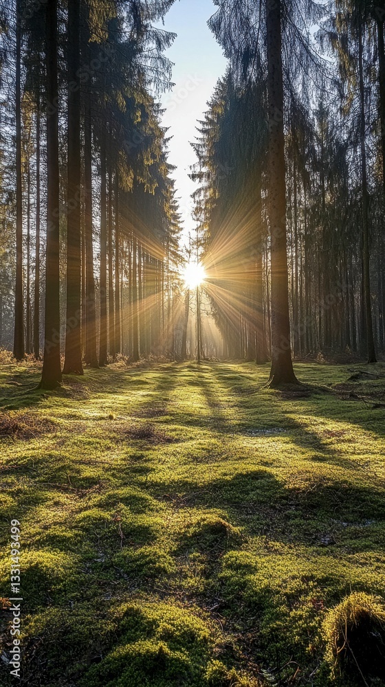 Poster sunbeams illuminate a lush green forest floor, sunlight streams through tall pine trees creating a r