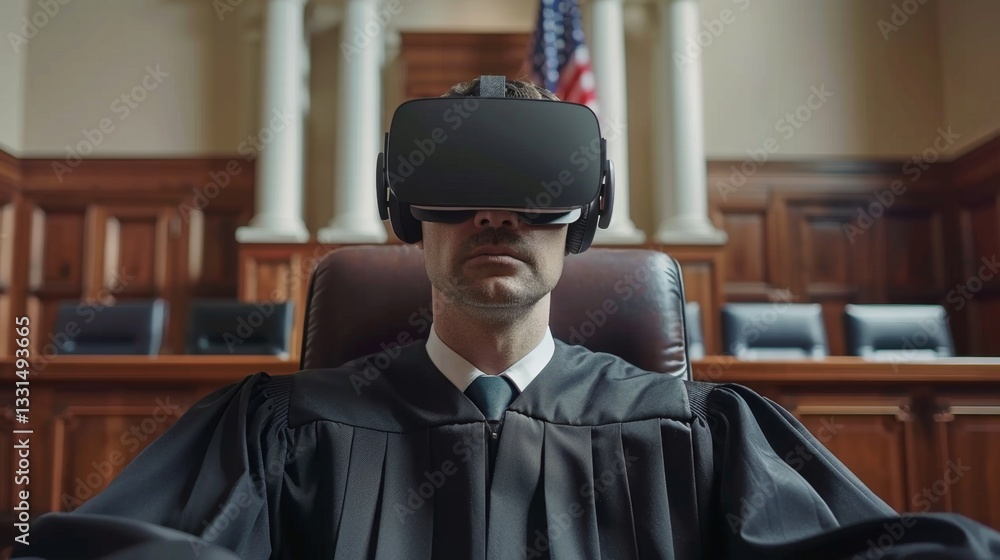 Poster virtual reality trial in a courtroom setting with a judge immersed in augmented technology
