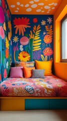 A cozy sleeping nook adorned with a lively mural of flowers bursts with color. Cushions in bright shades invite relaxation, creating a joyful atmosphere perfect for creativity or rest