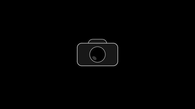 Digital camera icon animation on black background in 4k stock footage.