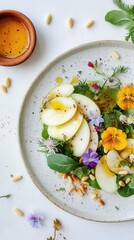 Playful and Colorful Scene: Light Salad with Thin Apple Slices, Pine Nuts, and Floral Touch