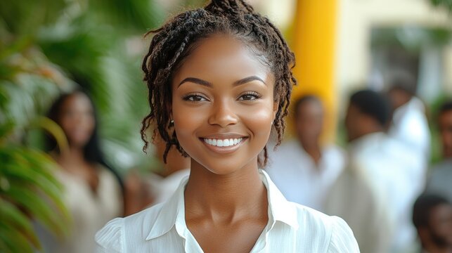 A smiling woman with short, wavy blonde hair stands in a conference setting, wearing a white blouse with ruffles and olive green pants.