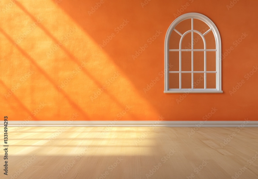 Poster sunlight streams into an empty room with orange walls and a white arched window. light hardwood floo