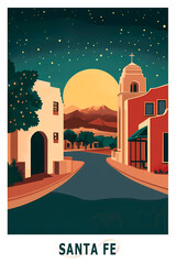 Obraz premium Santa Fe USA, New Mexico state illustrated poster in retro style. Vintage travel booklet, postcard, print, cover with scenic skyline, townscape