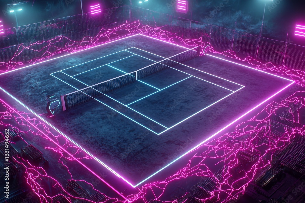 Poster a high-tech pickleball court with holographic elements is depicted in a futuristic digital illustrat