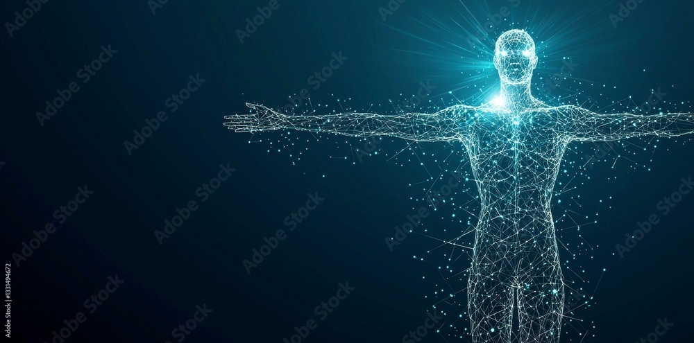 Poster the polygonal wireframe vitruvian man features a futuristic element in its design