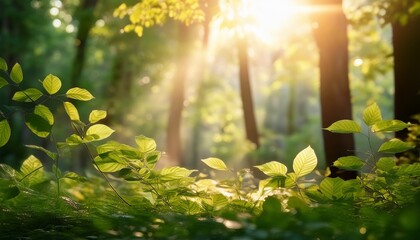 Obraz premium Soft-focus forest background with gentle sunlight filtering through leaves, creating a peaceful and dreamy atmosphere