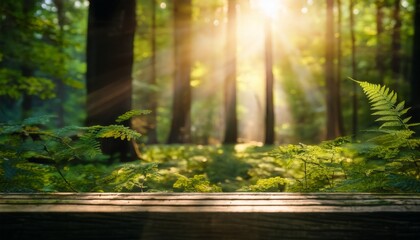 Obraz premium Soft-focus forest background with gentle sunlight filtering through leaves, creating a peaceful and dreamy atmosphere