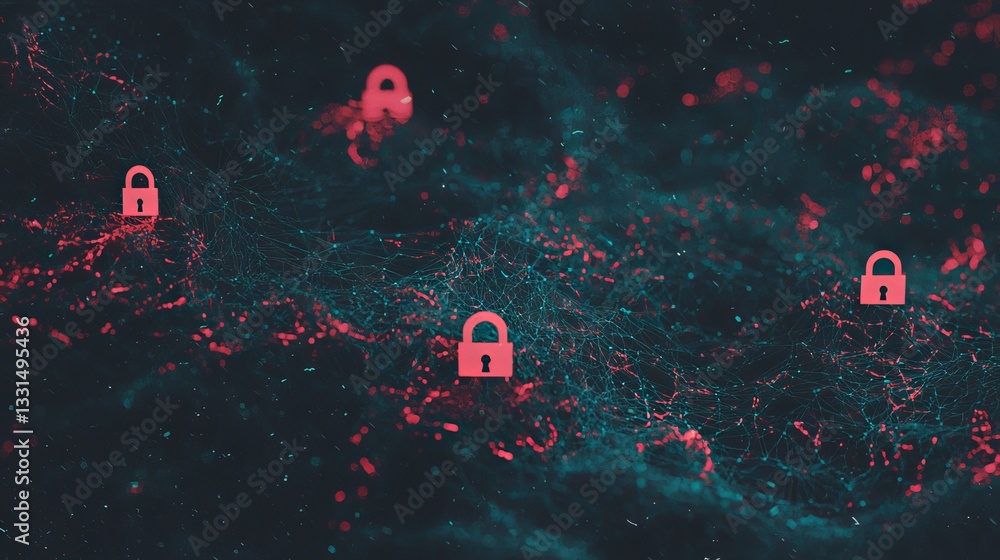 Poster glowing locks in a digital data network embody cyber security and data protection within a futuristi