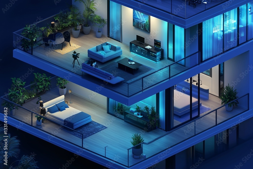 Poster the futuristic smart home's interior, represented in an isometric style, demonstrates ai-managed sys