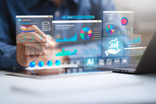 An analyst uses a computer and Ai technology dashboard for data business analysis and Data Management System, Customers database, gather information to report. Data science and digital marketing