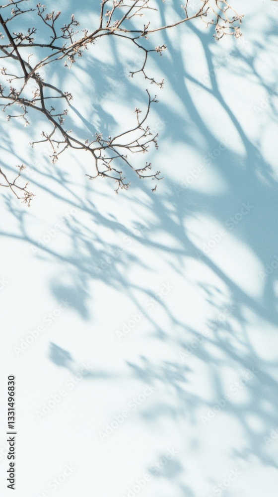 Poster a serene composition reveals a soft light blue backdrop adorned with the intricate shadows of branch