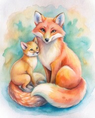 Obraz premium mother red fox in the forest with her baby