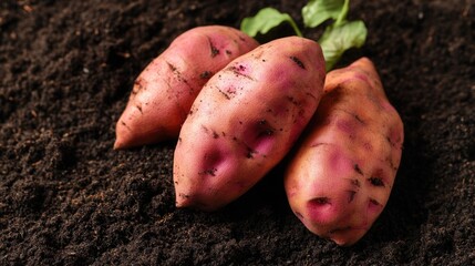 A pair of sweet potatoes rest on a mound of earth