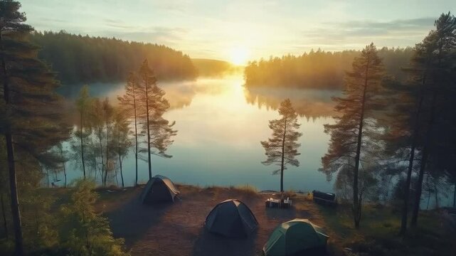 Aerial view of camping tents by the lake at sunrise with forest backdrop, copy space
