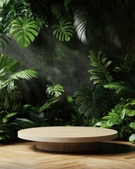 Obraz premium A circular wooden platform with a backdrop of lush green tropical foliage