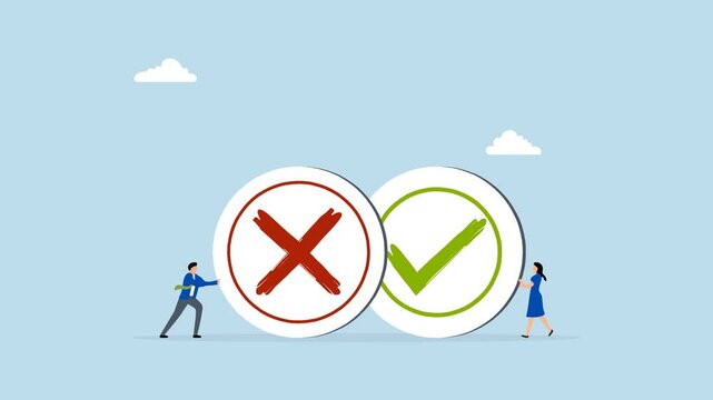 Pros and cons, 4k animation business individuals carrying large advantages and disadvantages, correct and incorrect symbols. 