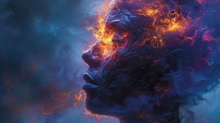 Fiery African Woman Profile, Abstract Flames, Cosmic Background, Digital Art