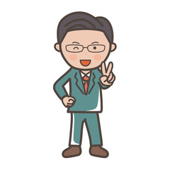 笑顔でピースをする中堅エリート風男性ビジネスマンの全身イラスト