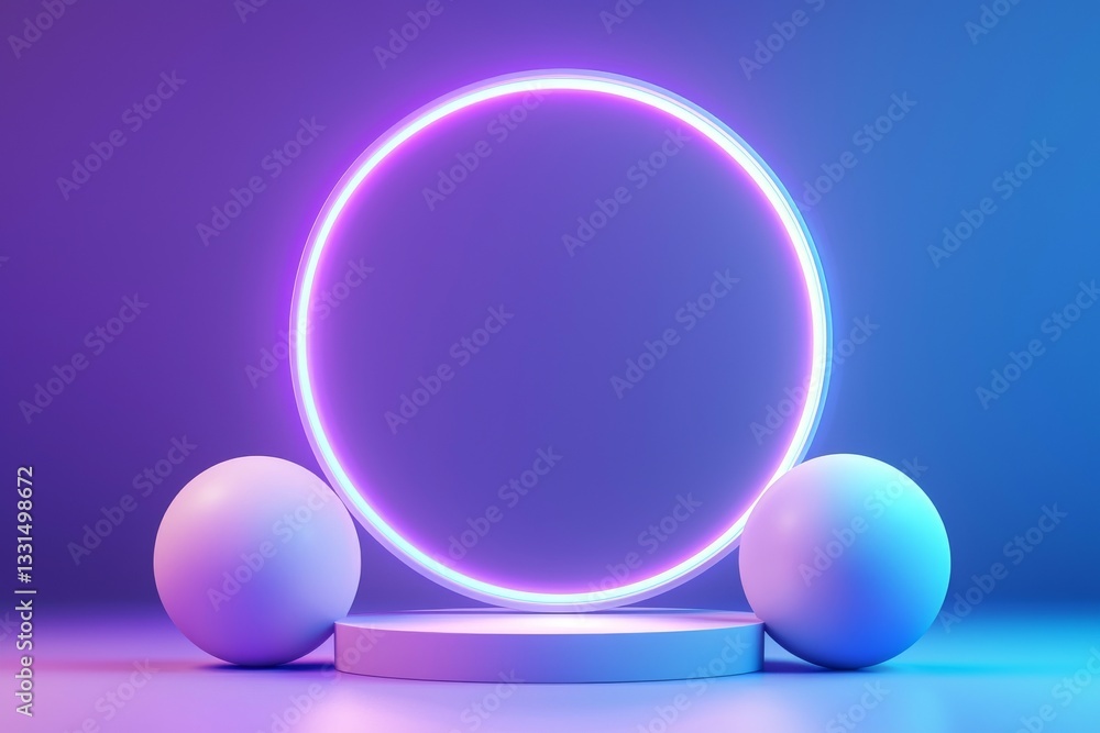 Poster pastel neon shapes with a glowing effect float through a dimensional space, generating a futuristic 
