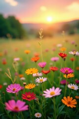Obraz premium Sweet wildflowers in vibrant meadow, hazy sunset backdrop , pink, focus, clouds