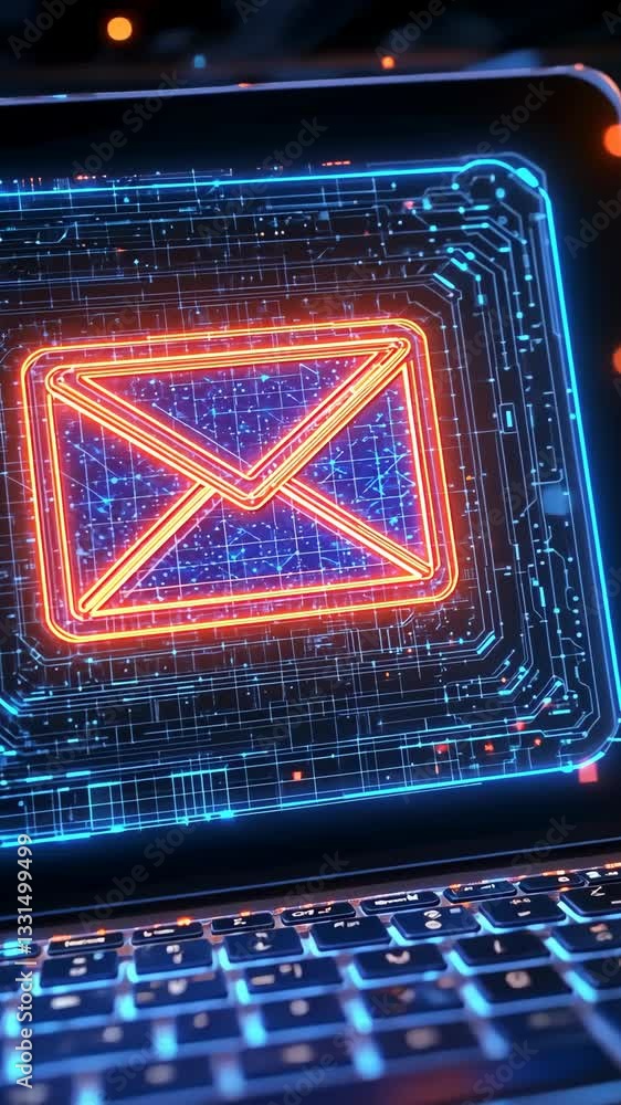 Poster digital representation of an email icon surrounded by vibrant neon circuitry on a dark background