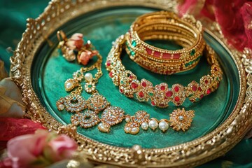 A colorful display of jewelry on a tray, perfect for showcasing accessories or as a decorative piece