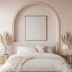 Pink bedroom interior with empty frame mockup.
