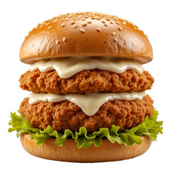 Double Layer Crispy Zinger Burger with Creamy Sauce and Fresh Lettuce on a Sesame Bun isolated on a transparent background