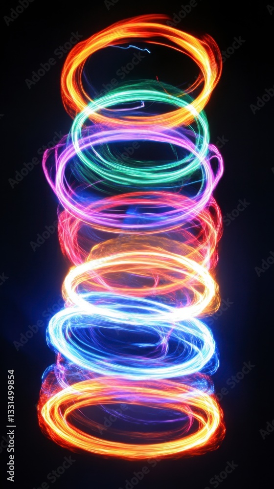 Poster abstract image of vibrant, multicolored light trails forming swirling rings against a black backgrou