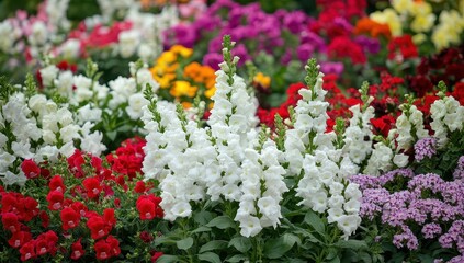 Obraz premium Vibrant Flower Bed with Colorful Blooms of Snapdragons, Petunias, and Marigolds Creating a Lush and Inviting Garden Landscape