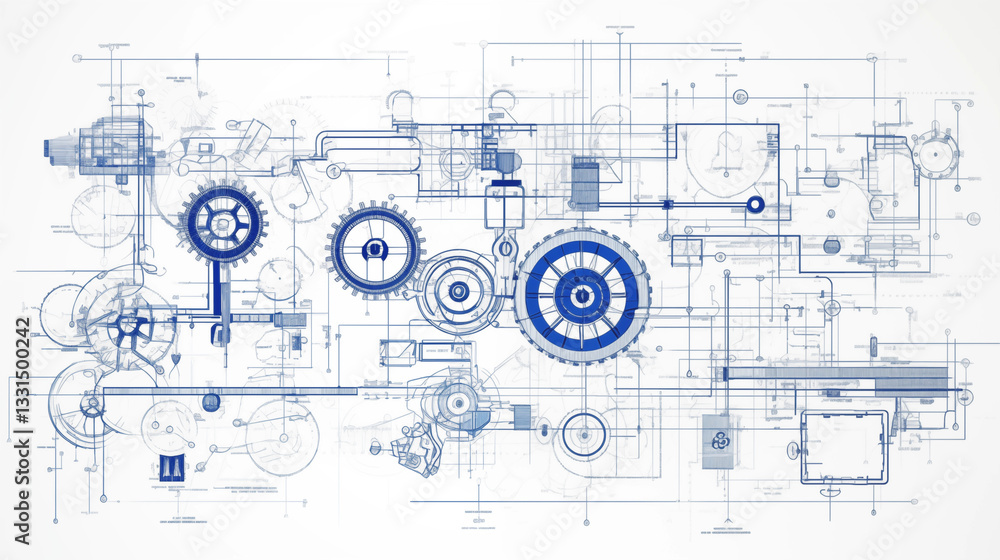 Poster blueprint design complex machine gears and engineering diagram