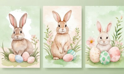 Obraz premium Cute rabbits with colorful eggs surrounded by flowers in a spring-themed artwork display