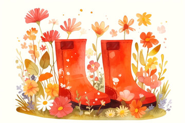 Brighten your day with this charming watercolor of vibrant red boots nestled in a garden of blossoming wildflowers