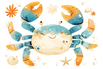 Cheerful watercolor crab character brings coastal vibes with vibrant blues and oranges. Perfect for beach-themed projects and ocean lovers. Generated AI