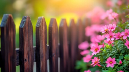 Close up view of dark brown wooden fence with vibrant pink flowers blooming in the foreground, bathed in warm sunlight. Soft focus background.
