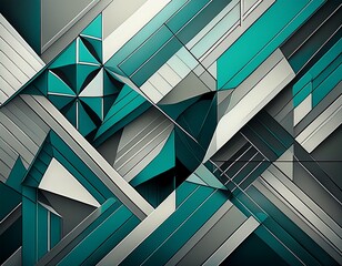 teal and gray abstract geometric design featuring intersecting lines and shapes